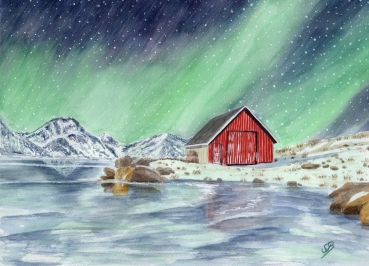 Postkarte DIN-A6 Aquarell Kunst Druck Kunstdruck Norwegen Norge Norway Eisfjord Fjord Gletscher Haus am Fjord Polarlichter